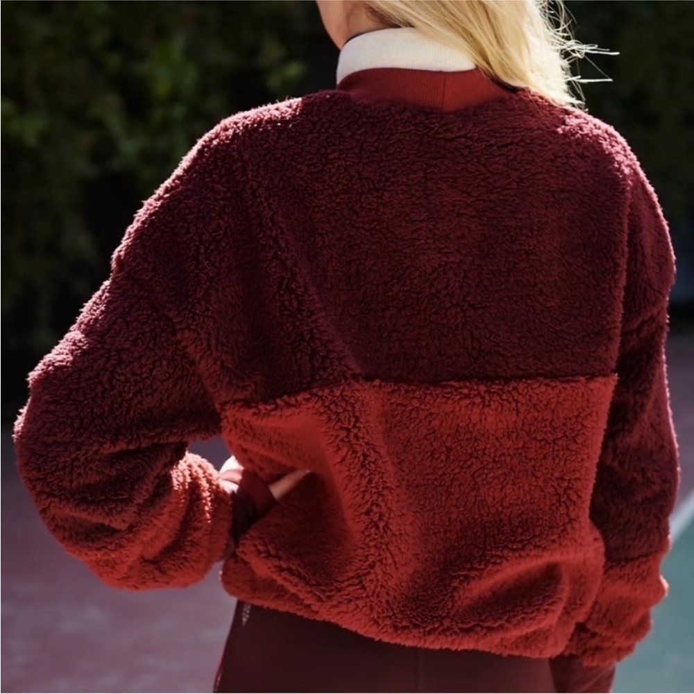 Free People Two-Tone Burgundy Teddy Sherpa Jacket - Picture 6 of 6